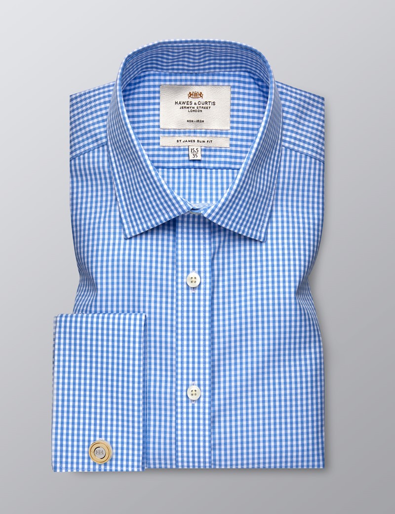 Men's Formal Blue & White Check Slim Fit Shirt - Double Cuff - Non Iron ...