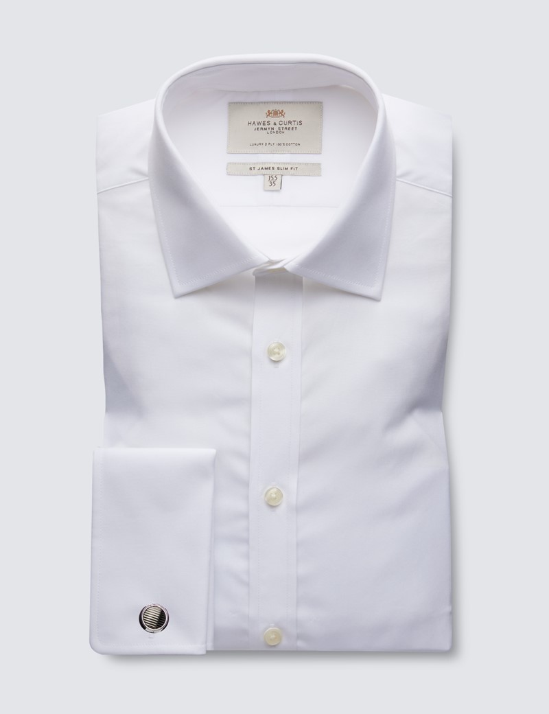 White Poplin Relaxed Slim Fit Shirt with Semi Cutaway Collar - Double Cuffs