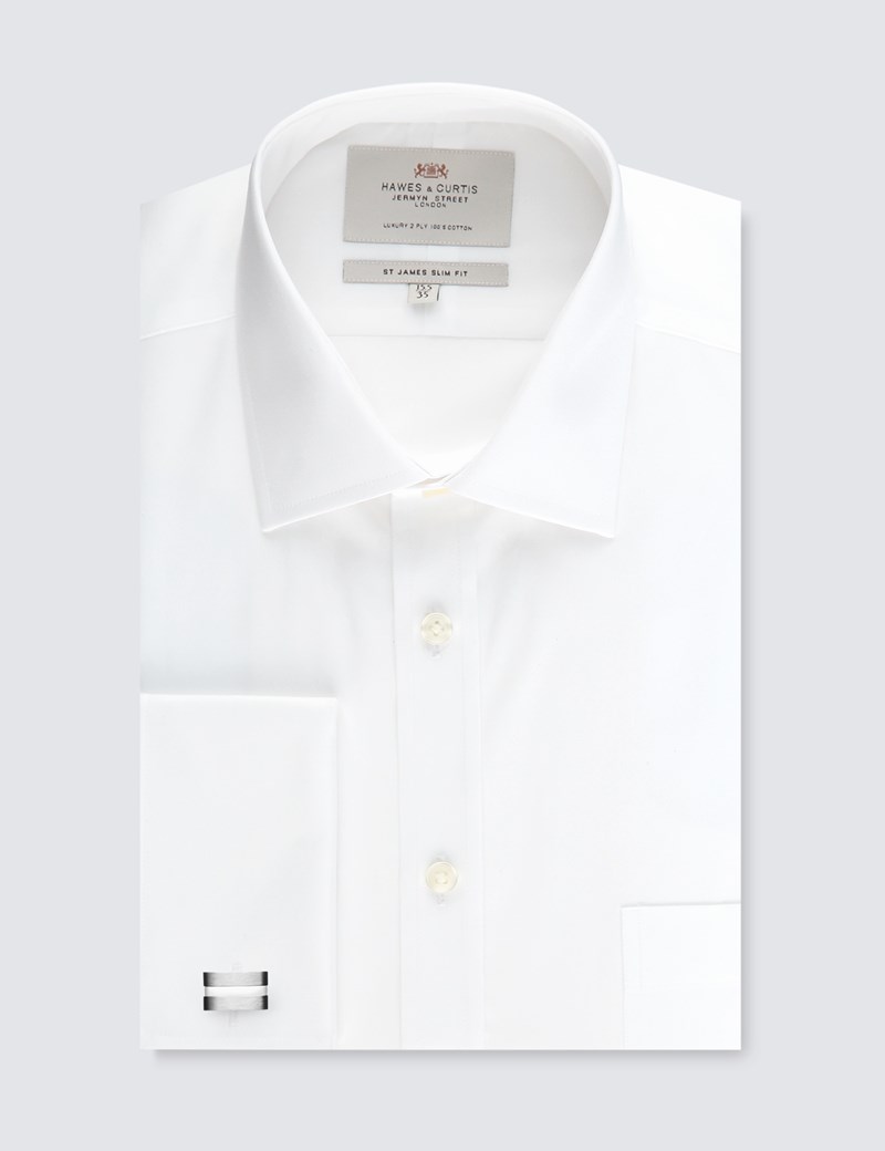 Men's White Slim Fit Dress Shirt With Pocket Double Cuff Easy Iron