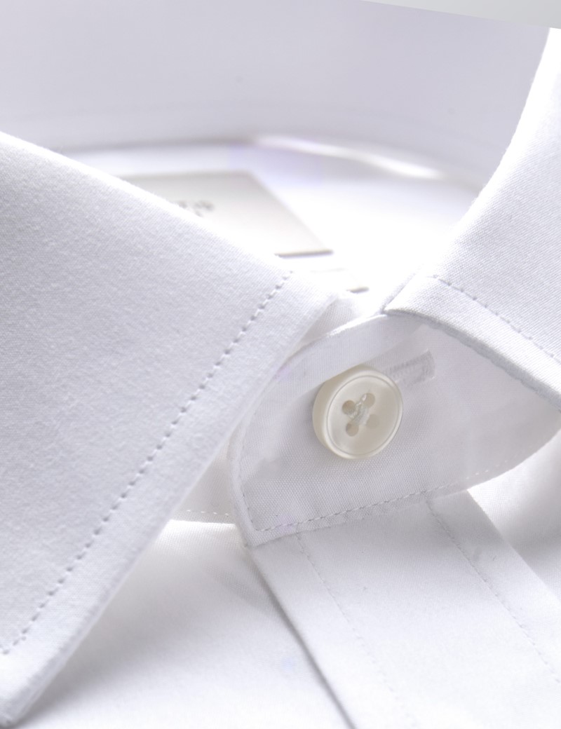 Easy Iron White Poplin Relaxed Slim Fit Shirt With Semi Cutaway Collar - Double Cuffs