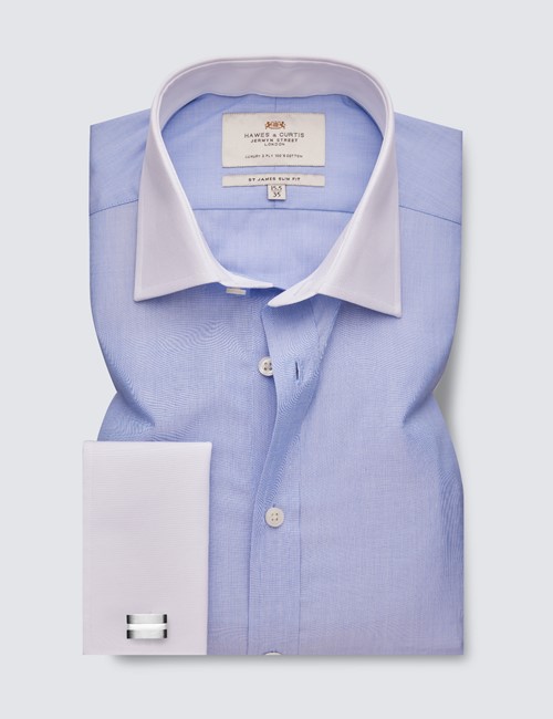 Men's Plain Blue End On End Slim Fit Luxury Cotton Shirt - French Cuff