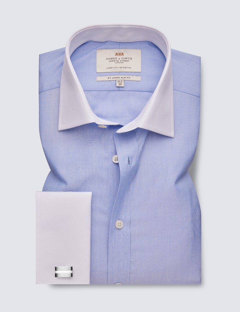 Men's Plain Blue End On End Slim Fit Luxury Cotton Shirt - Double Cuff