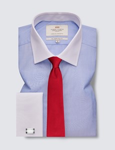 Men's Plain Blue End On End Slim Fit Luxury Cotton Shirt - Double Cuff