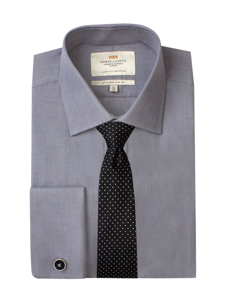Men's Plain Grey End On End Slim Fit Luxury Cotton Shirt - Double Cuff