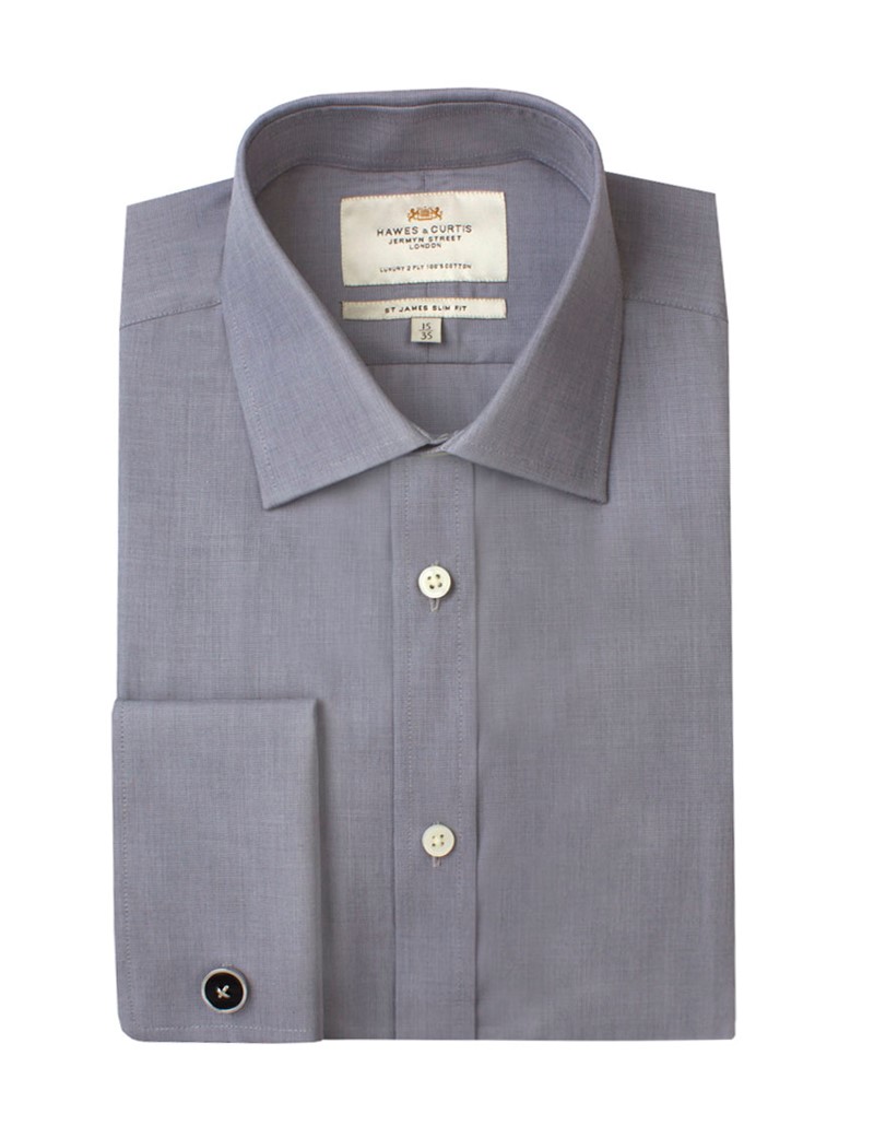 Men's Plain Grey End On End Slim Fit Luxury Cotton Shirt - Double Cuff