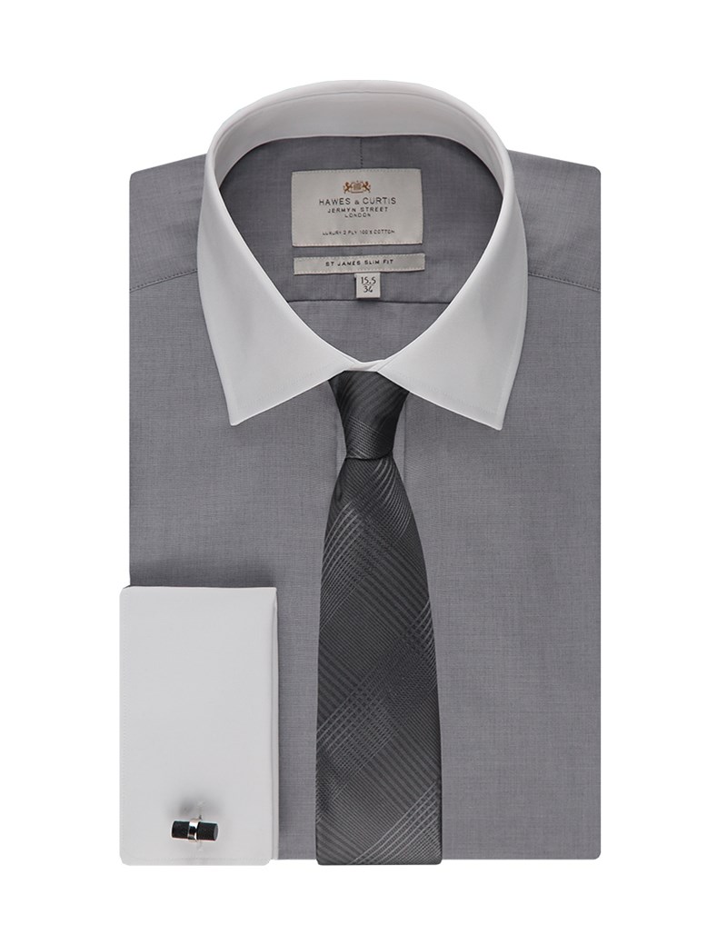 Men's Formal Grey Slim Fit Shirt With White Collar & Cuff - Double Cuff ...