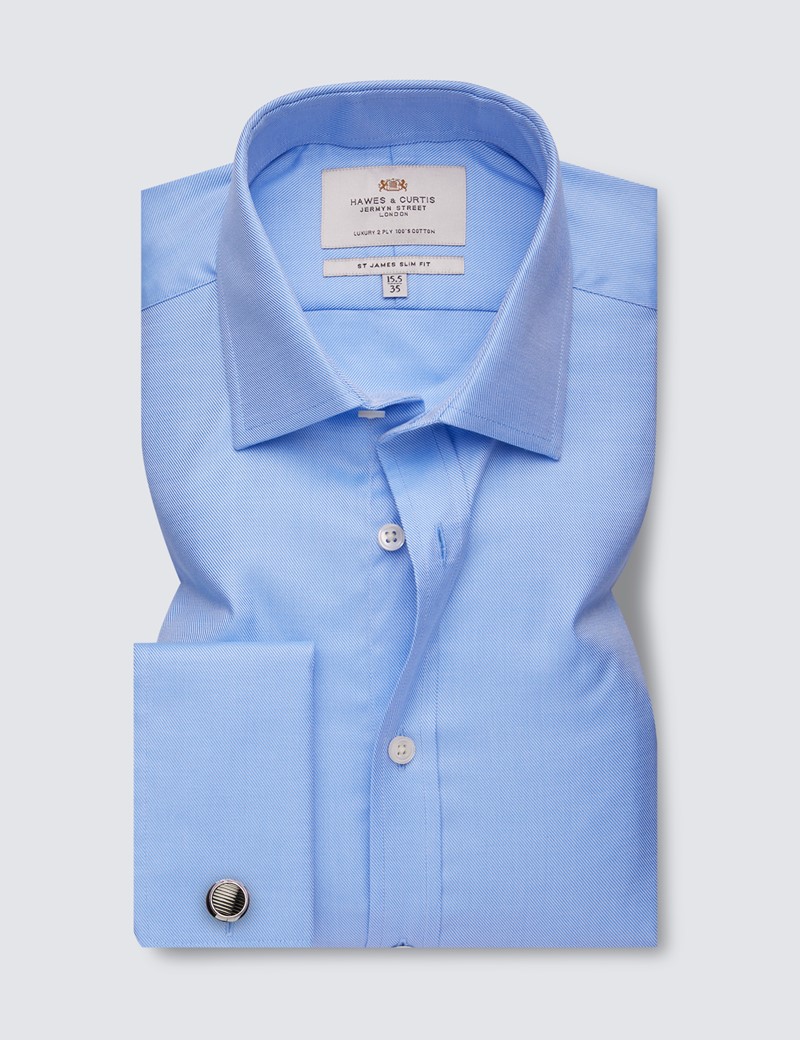 Easy Iron Blue Twill Slim Fit Shirt With Semi Cutaway Collar - Double Cuffs
