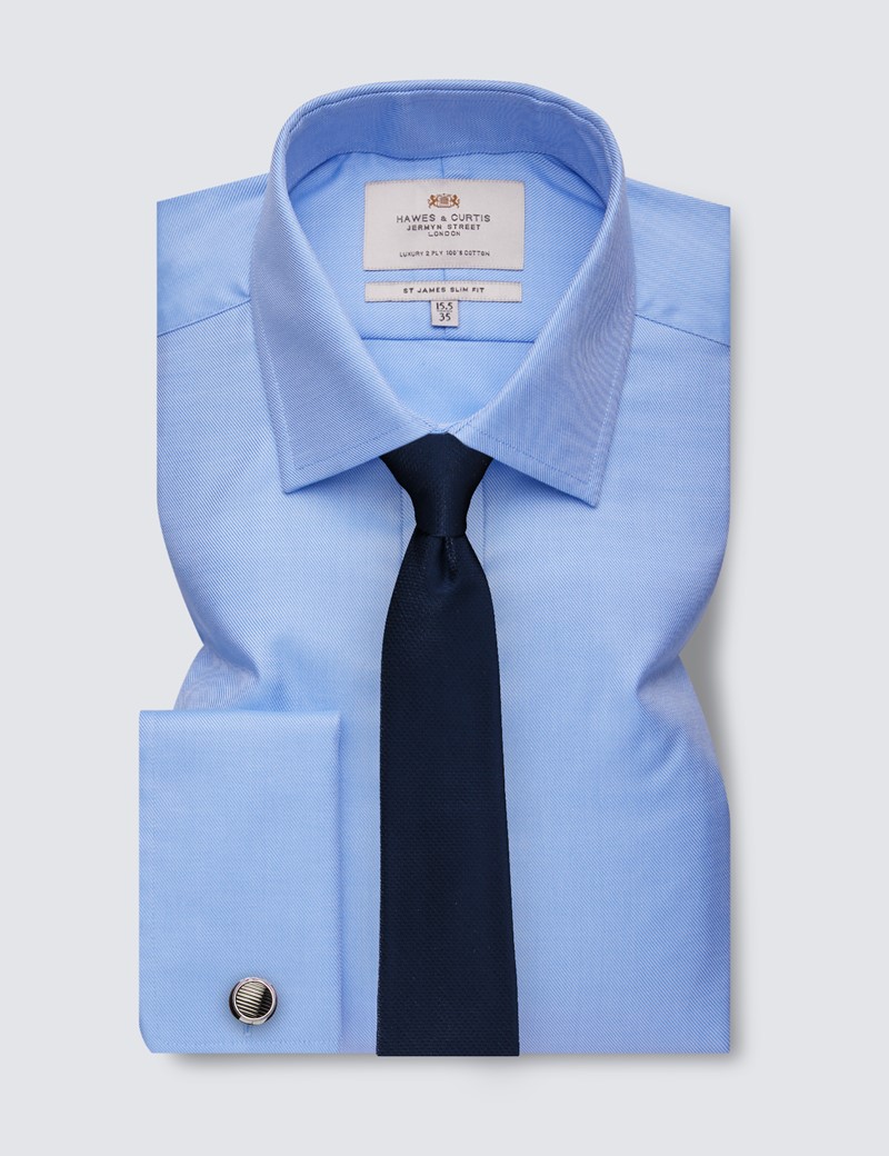 Easy Iron Blue Twill Slim Fit Shirt With Semi Cutaway Collar - Double Cuffs