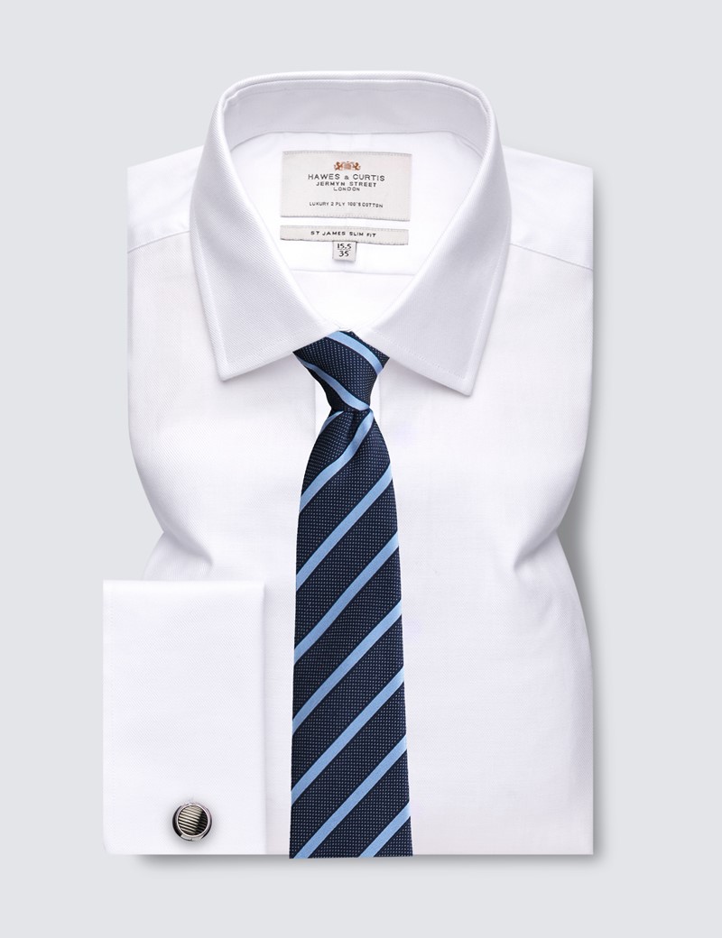 Easy Iron White Twill Slim Fit Shirt With Semi Cutaway Collar - Double Cuffs