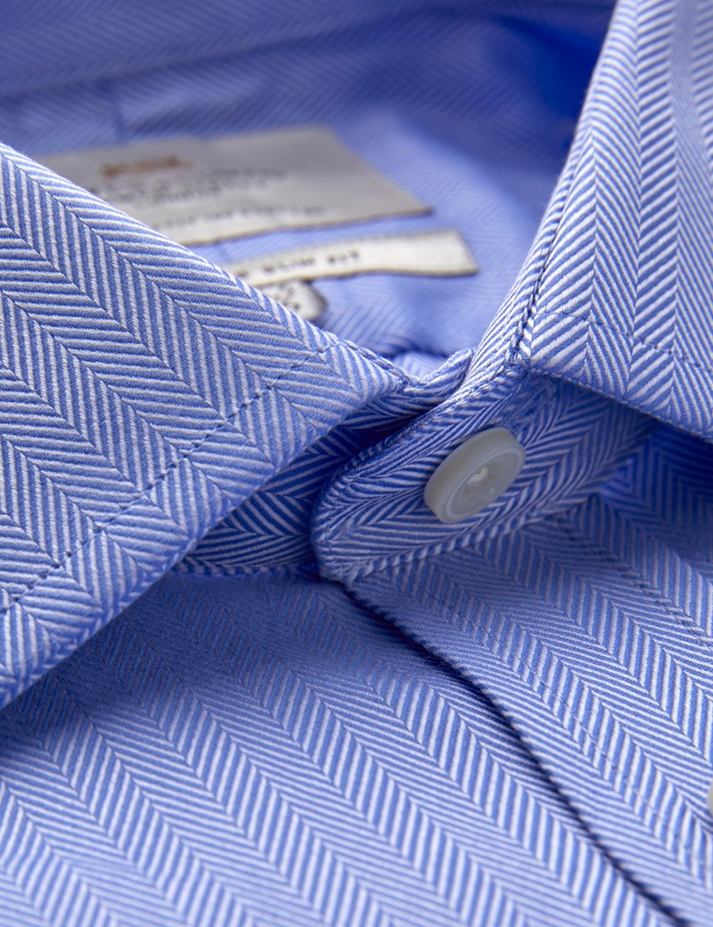 Men's  Blue Herringbone Slim Fit Business Shirt - Double Cuff - Easy Iron