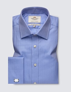 Men's Formal Blue Herringbone Slim Fit Shirt - Double Cuff - Easy Iron