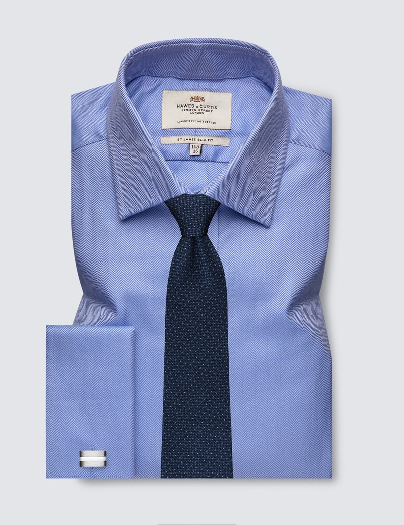 Men's Formal Blue Herringbone Slim Fit Shirt - Double Cuff - Easy Iron