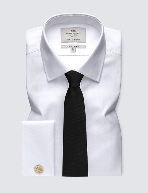 White Herringbone Slim Shirt - Double Cuffs