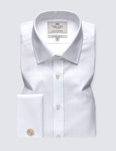 White Herringbone Relaxed Slim Fit Shirt - Double Cuffs