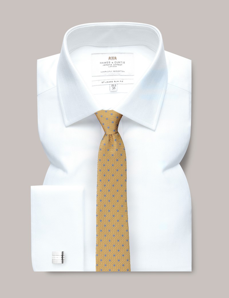 Men's White Herringbone Slim Shirt - French Cuff