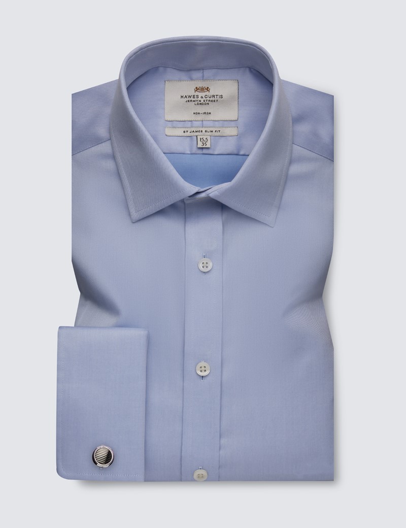 Men's Dress Blue Twill Slim Fit Shirt - French Cuff - Non Iron