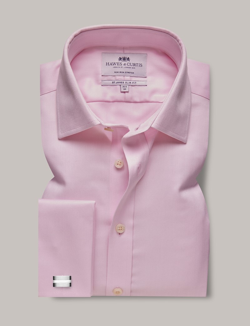 Non-Iron Pink Herringbone Slim Stretch Shirt - Double Cuff