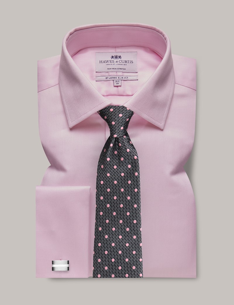 Men's Non-Iron Pink Herringbone Slim Stretch Shirt - Double Cuff