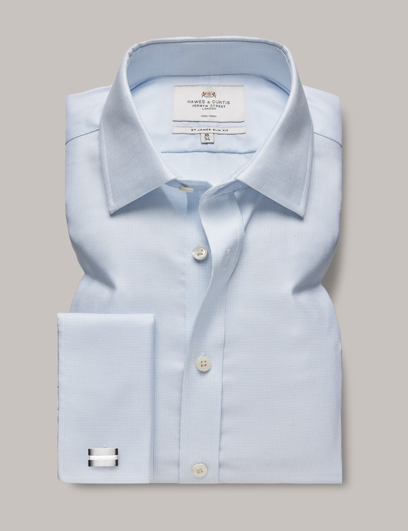 Men's NonIron Blue & White Pick and Pick Slim Fit Shirt Double Cuff