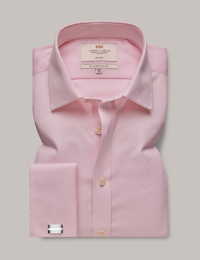 Men's Non-Iron Pink Twill Slim Shirt - Double Cuff