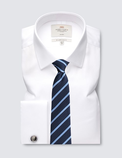 Non Iron White Pique Slim Fit Shirt With Semi Cutaway Collar - Double Cuffs