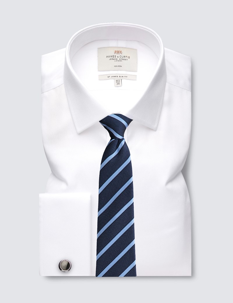 Non Iron White Pique Relaxed Slim Fit Shirt With Semi Cutaway Collar - Double Cuffs