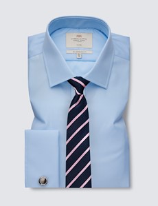 Non Iron Blue Poplin Relaxed Slim Fit Shirt With Semi Cutaway Collar - French Cuffs