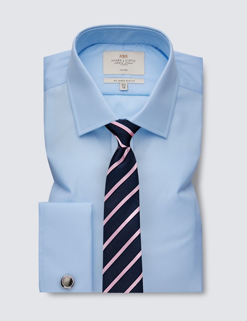 Non Iron Blue Poplin Relaxed Slim Fit Shirt With Semi Cutaway Collar - French Cuffs