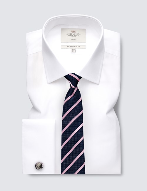 Non Iron White Poplin Relaxed Slim Fit Shirt With Semi Cutaway Collar - Double Cuffs