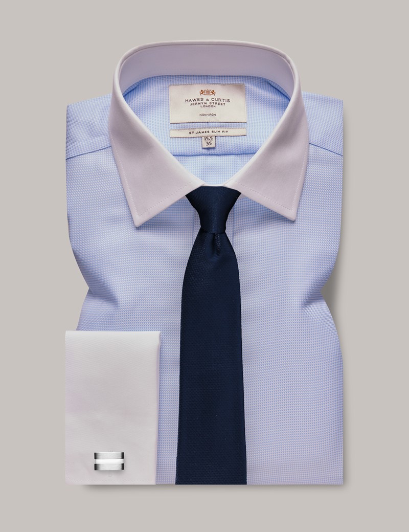 Men's Non-Iron Blue & White Fabric Interest Slim Shirt With White ...