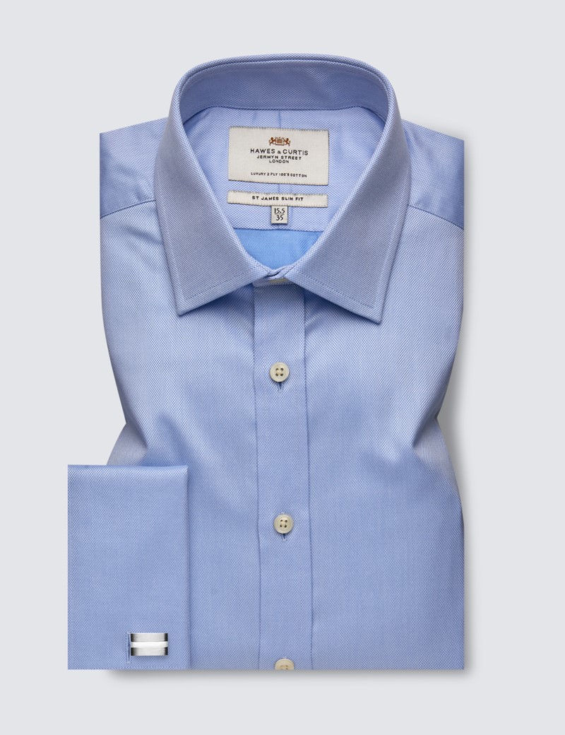 Men's Formal Blue Pique Slim Fit Cotton Shirt - Double Cuff - Easy Iron