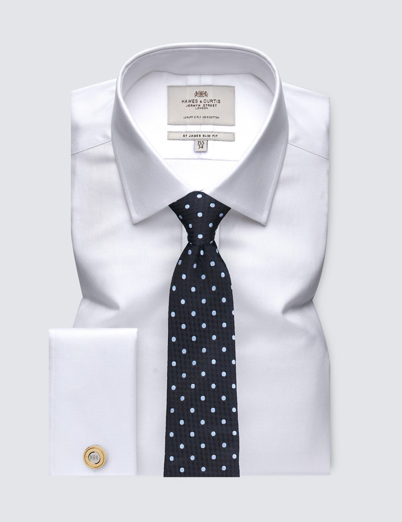 Easy Iron White Pique Relaxed Slim Fit Shirt with Semi Cutaway Collar - Double Cuffs