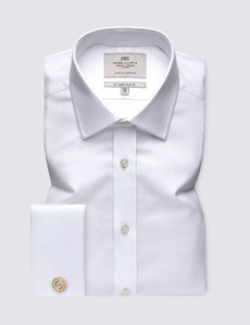 Easy Iron White Pique Relaxed Slim Fit Shirt with Semi Cutaway Collar - Double Cuffs