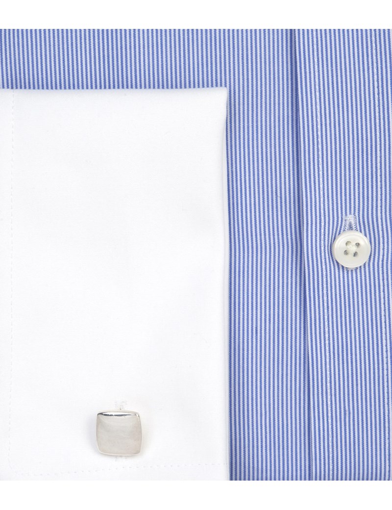 Men's Blue & White Fine Stripe Slim Fit Shirt With White Collar & Cuff ...