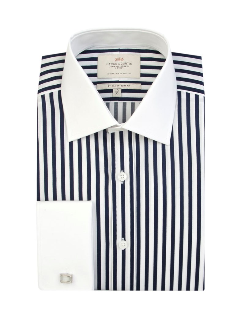 Men's Navy & White Bengal Stripe Slim Fit Double Cuff Shirt - White ...