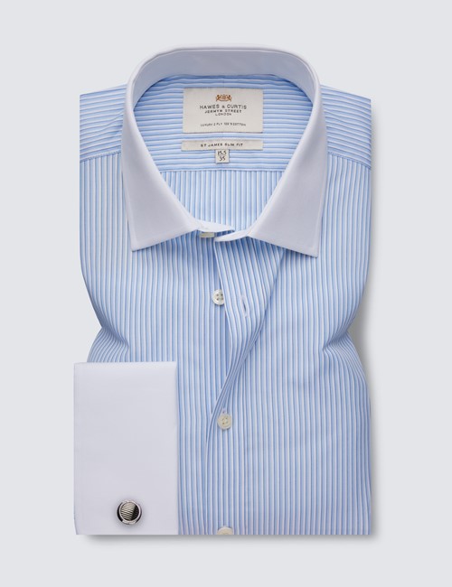 Easy Iron Blue & White Multi Stripe Relaxed Slim Fit Shirt With Semi Cutaway Collar - Double Cuffs 