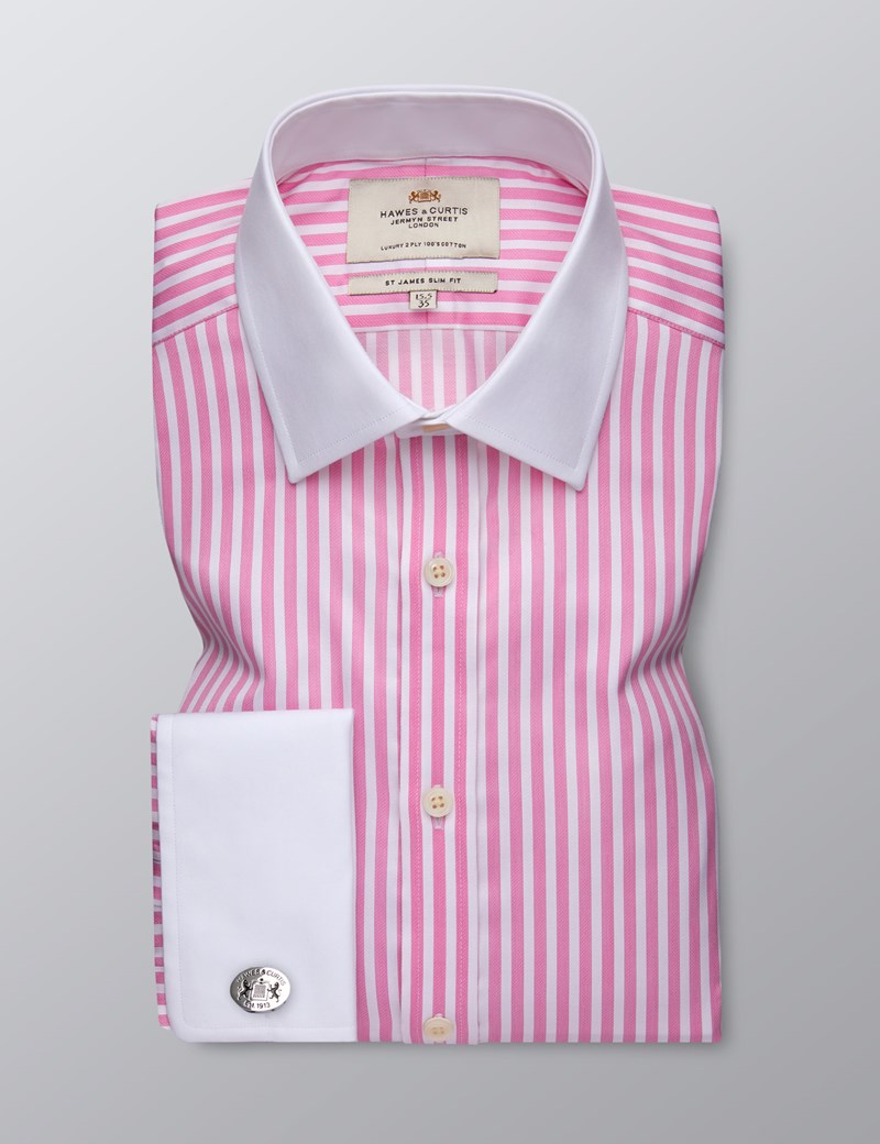 Men's Formal Pink & White Bengal Stripe Slim Fit Shirt - Double Cuff ...