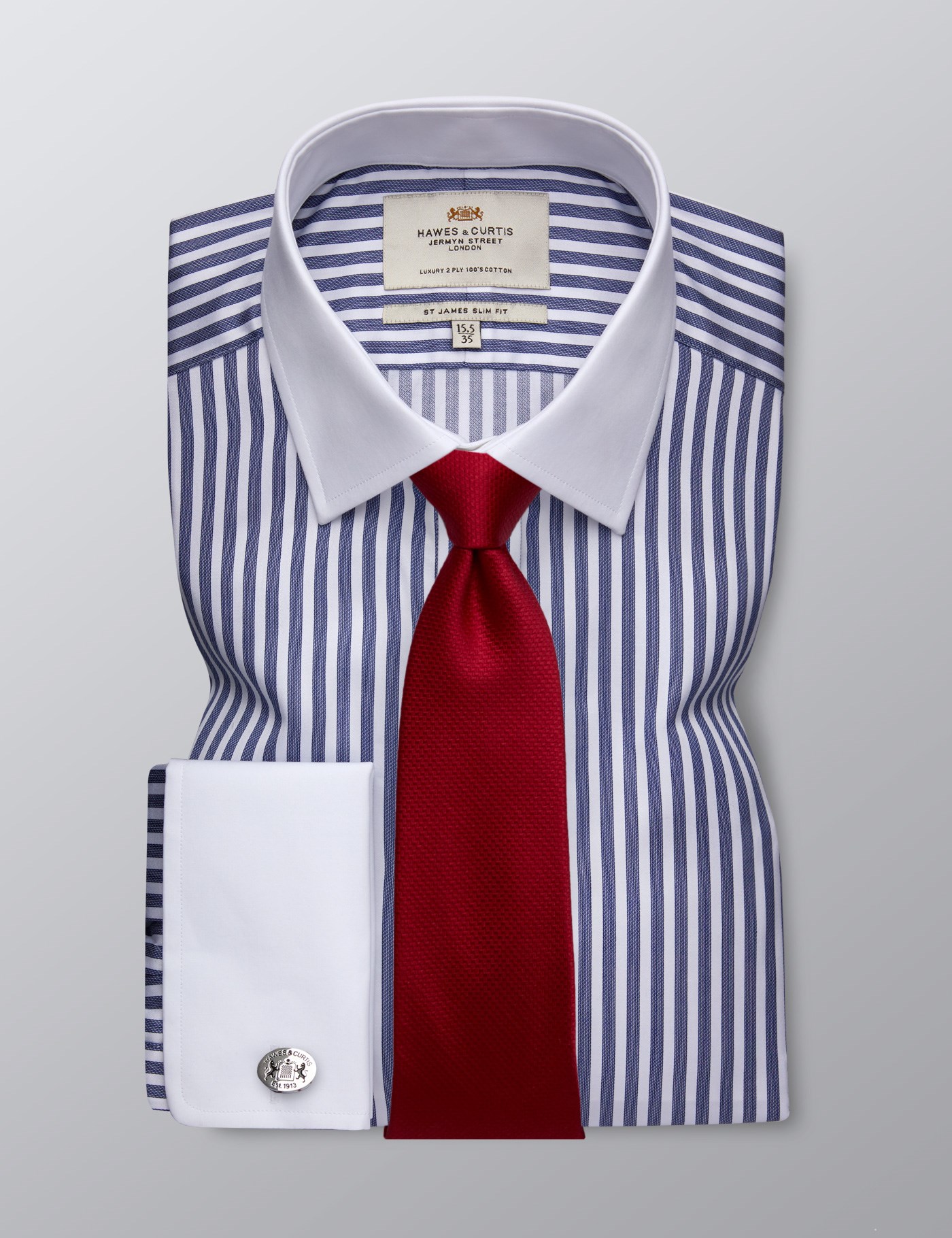Men's Dress Navy & White Bengal Stripe Slim Fit Shirt - Double Cuff