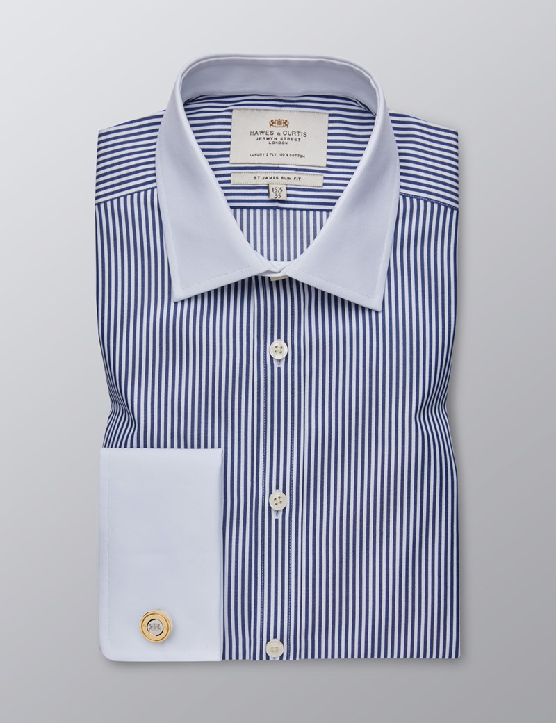 Men's Dress Navy & White Bengal Stripe Slim Fit Shirt With White Collar ...
