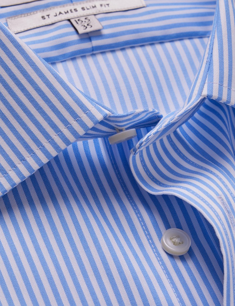 Men's Non-Iron Blue & White Bengal Stripe Slim Shirt - Double Cuff