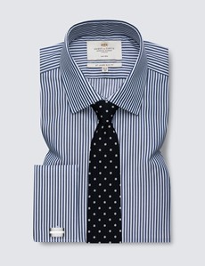 Men's Dress Navy & White Bengal Stripe Slim Fit Shirt - French Cuff - Non Iron