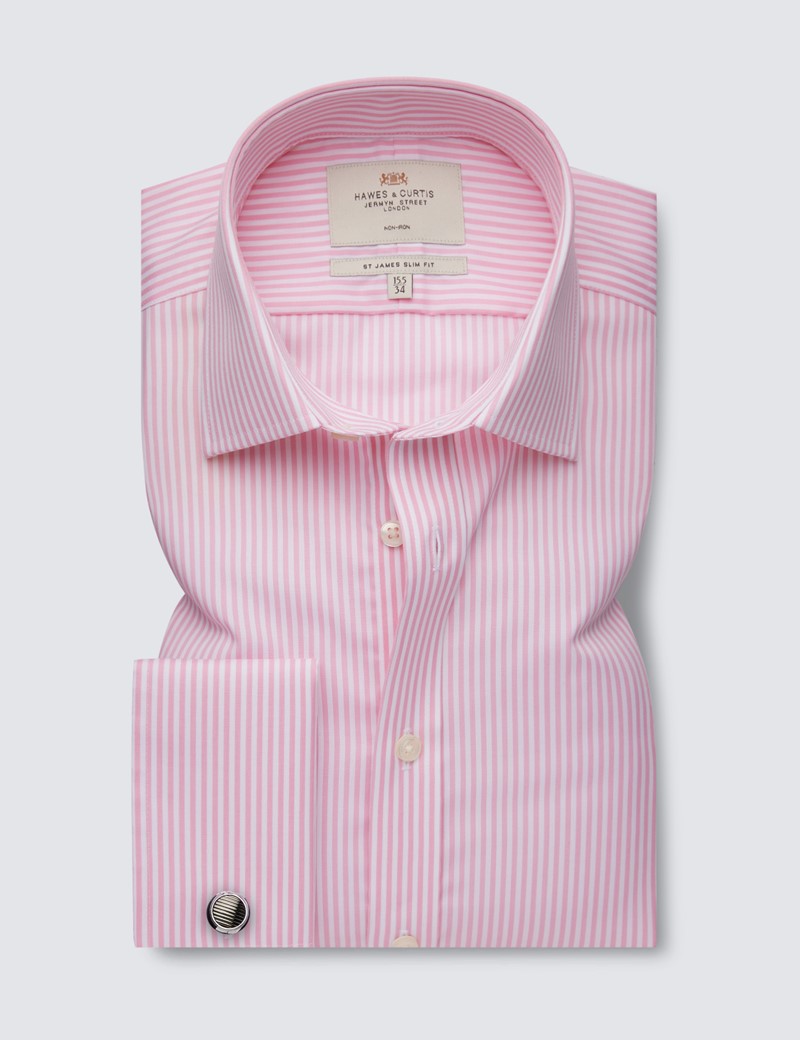Non Iron Pink & White Bengal Stripe Relaxed Slim Fit Shirt - Double Cuffs