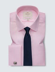 Non Iron Pink & White Bengal Stripe Relaxed Slim Fit Shirt - Double Cuffs