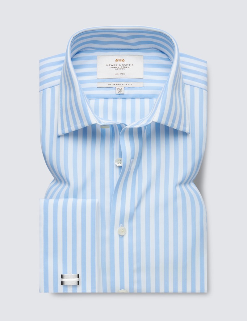 Men's blue and white stripe non-iron shirt