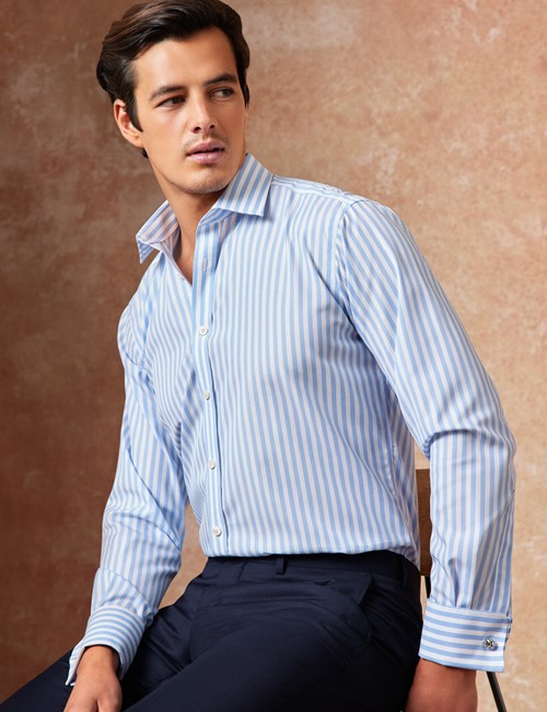 Non-Iron Blue & White Bold Stripe Slim Shirt - Double Cuffs