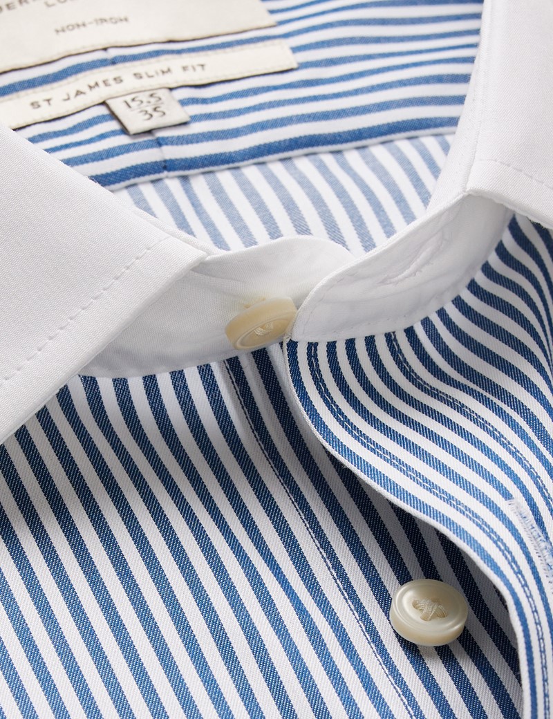 Non-Iron Navy & White Bengal Stripe Slim Shirt with White Collar ...