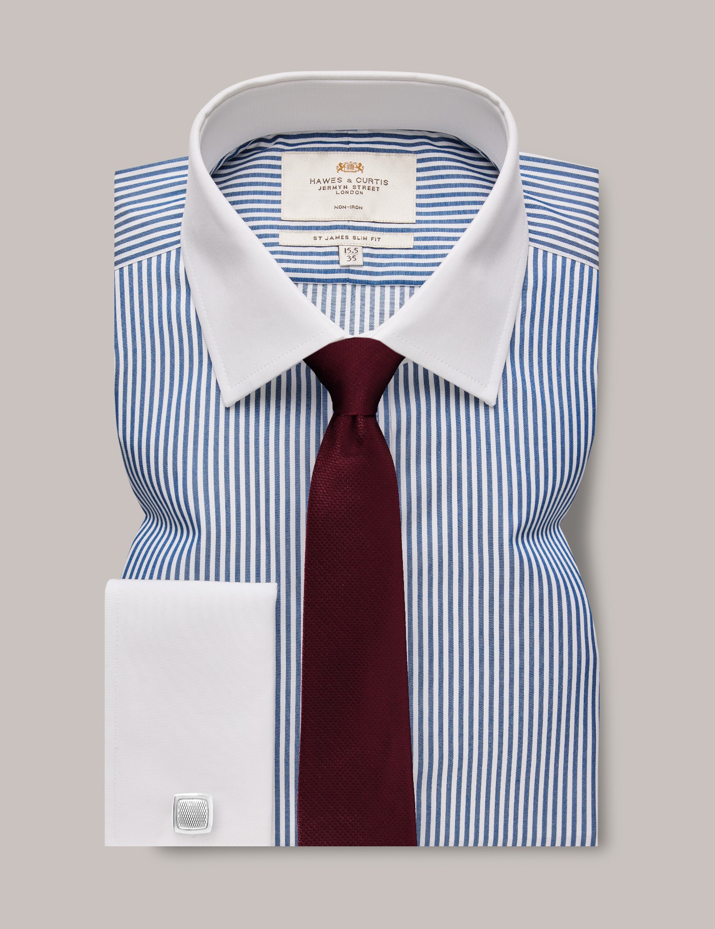 hawes & curtis non-iron navy & white bengal stripe slim shirt - white collar and double cuff