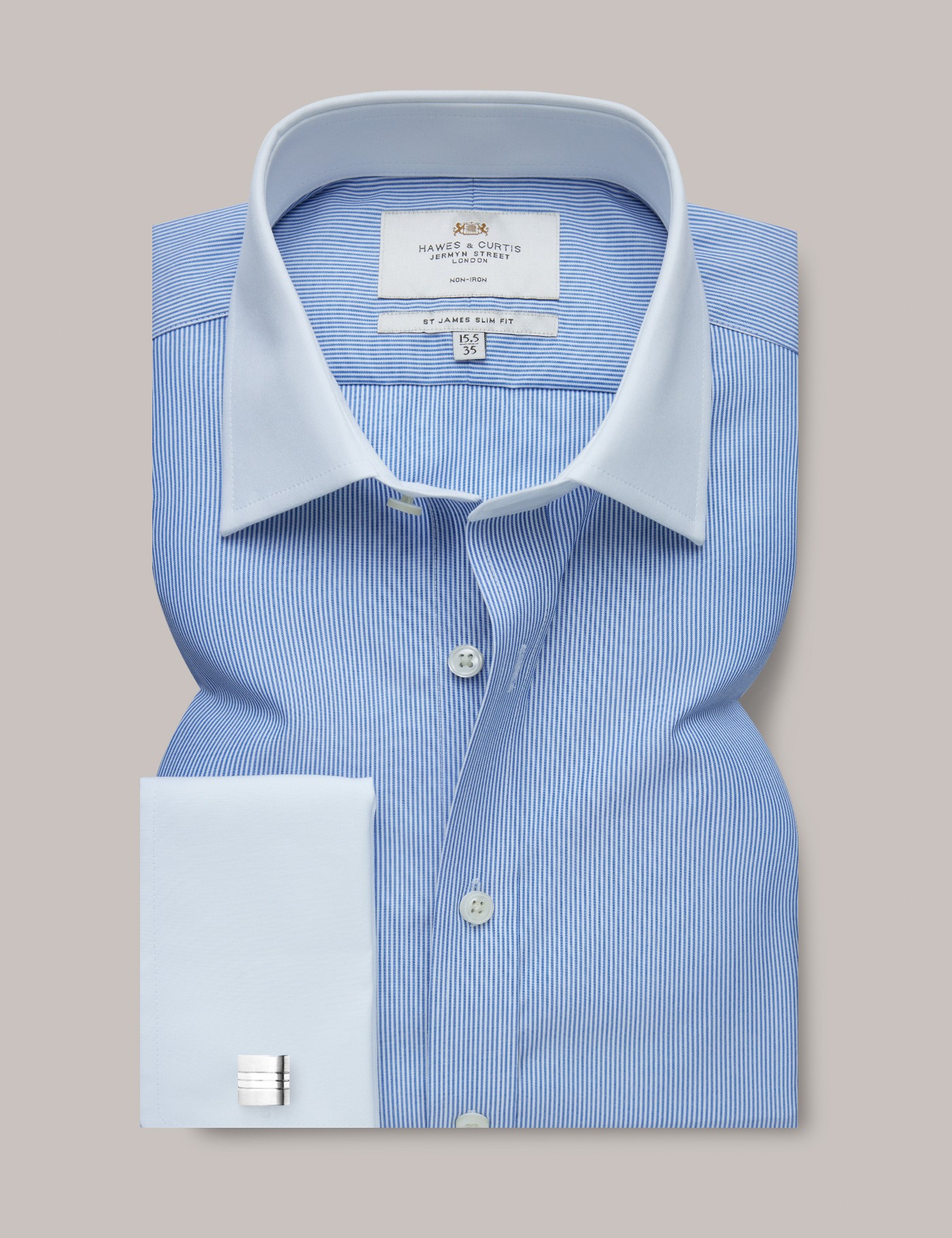 Non-Iron Blue & White Fine Stripe Slim Shirt With White Collar & Cuffs ...