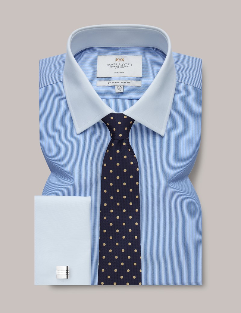 Non-Iron Blue & White Fine Stripe Tailored Short Sleeve Shirt