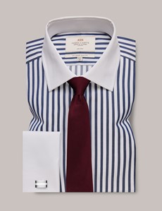Non Iron Navy & White Bold Stripe Slim Fit Shirt With White Collar and ...